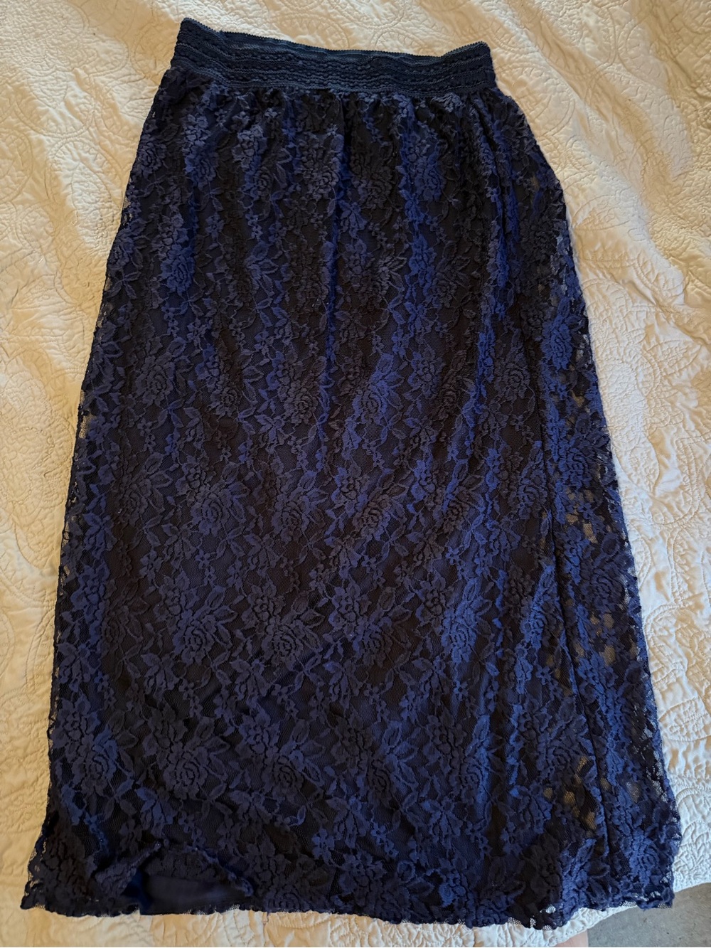 Ashley Blue Navy Lace maxi Skirt - Elegant Floral Overlay- like new